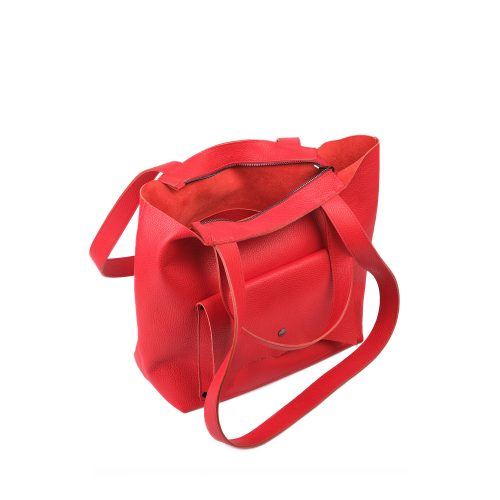 Interior geantă din piele naturală roșie The Shopper, compartiment cu fermoar și buzunare