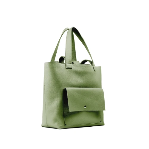 Geantă din piele naturală verde fistic The Shopper, profil lateral cu bretele duble