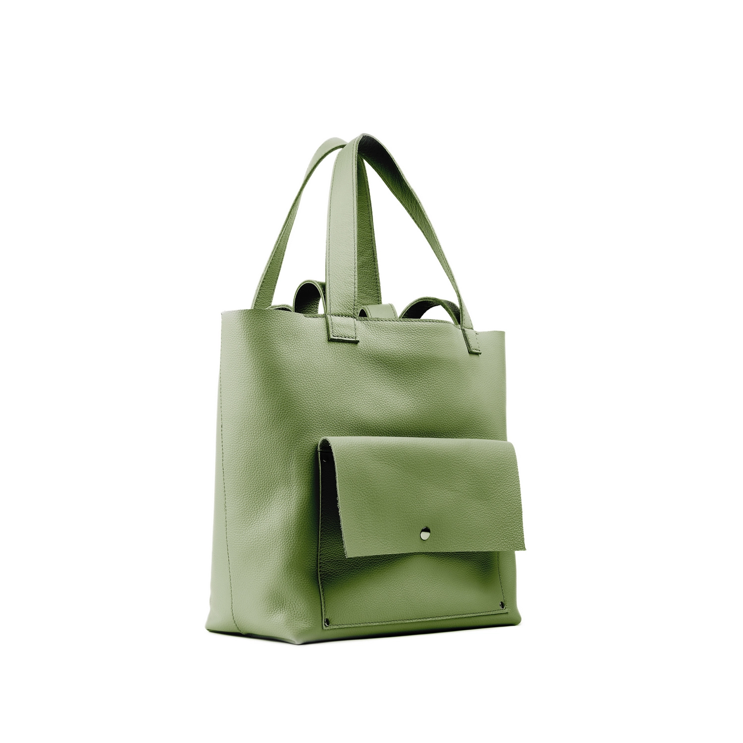 Geantă din piele naturală verde fistic The Shopper, profil lateral cu bretele duble