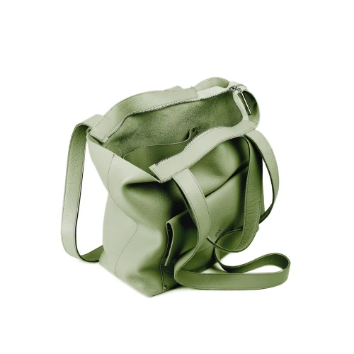 Interior geantă din piele naturală verde fistic The Shopper, compartiment și buzunare