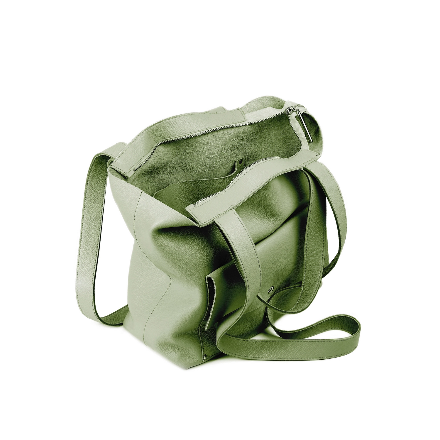 Interior geantă din piele naturală verde fistic The Shopper, compartiment și buzunare