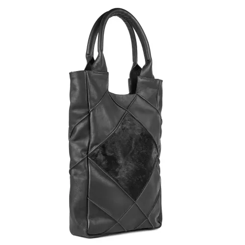 Geanta de piele neagră și blăniță Origami Midi