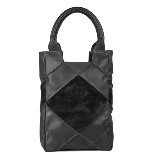 Geantă din piele naturală neagră cu blană Side Origami Midi