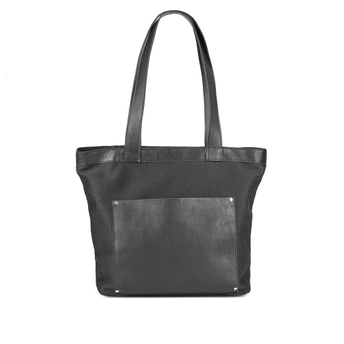 Geantă din piele naturală și pânză neagră The Shopper, vedere din spate