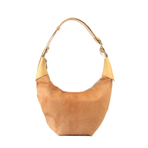 Geantă din piele naturală și blană bej Eclipse, vedere frontală