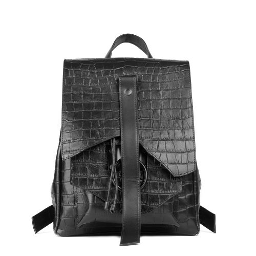 Rucsac din piele naturală neagră cu textură croco Rouge, vedere frontală