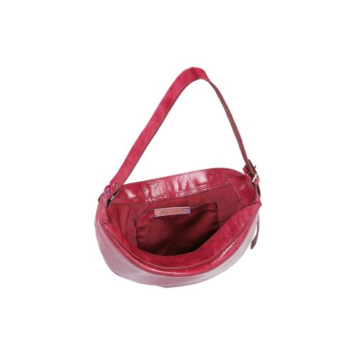 Geantă Nuna Mini din piele naturală semi-lăcuită roșu-vișiniu, interior cu compartiment principal și buzunare