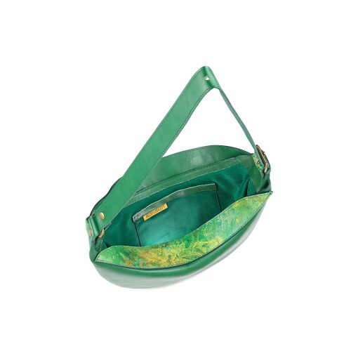 Geantă Nuna Mini din piele naturală verde, interior cu compartiment principal și buzunare