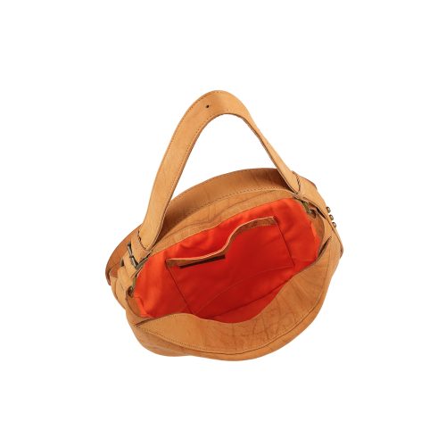 Interior geantă Nuna Mini maro camel, compartiment principal și buzunare din bumbac