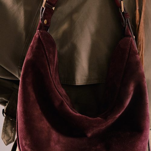 Geantă Nuna Large burgundy, piele întoarsă, detaliu piele