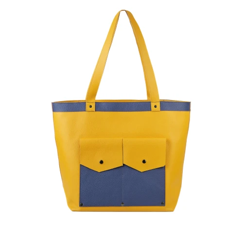 Geantă de umăr din piele naturală galbenă The Shopper, cu buzunare frontale