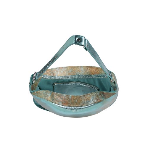 Geantă Nuna Mini din piele naturală bleu metalic, interior cu compartiment principal și buzunare