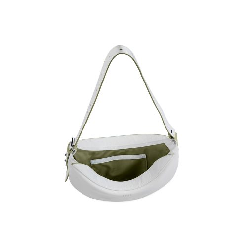 Geantă Nuna Mini din piele naturală semi-lăcuită alb-verde, interior cu compartiment principal și buzunare