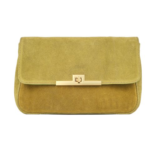 Geantă din piele întoarsă verde Venus Baguette, realizată manual în România, cu finisaj catifelat și sistem de închidere metalic elegant.