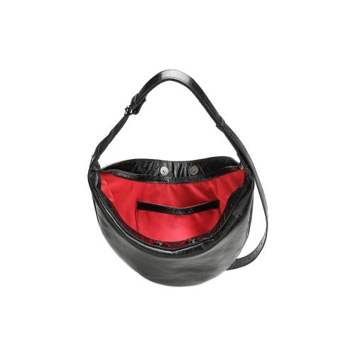 Geantă Nuna Mini din piele naturală semi-lăcuită neagră, interior cu compartiment principal și buzunare