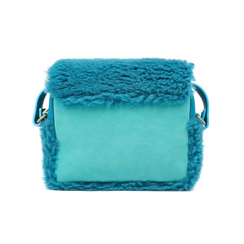 Geantă Nina Maxi din piele naturală turcoaz cu blană, vedere spate