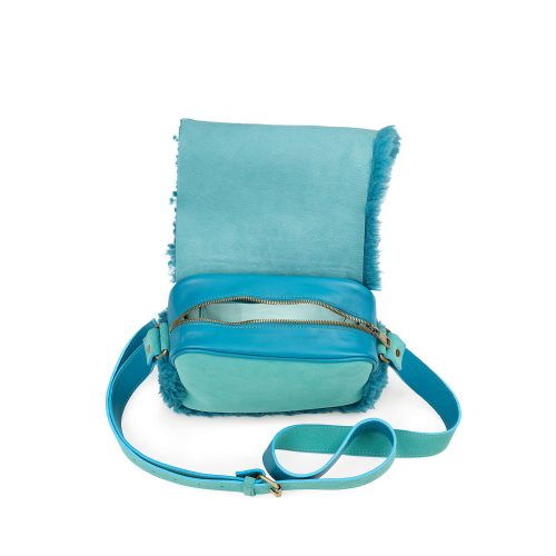 Interior geantă Nina Maxi din piele naturală turcoaz cu blană