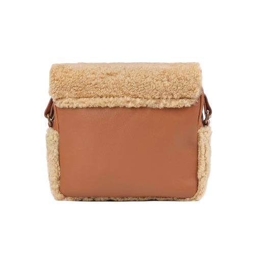 Geantă Nina Maxi din piele naturală cognac cu blană, vedere spate