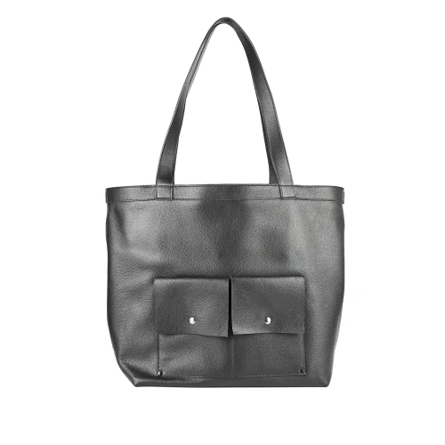 Geantă de umăr din piele naturală neagră The Shopper, cu buzunare frontale