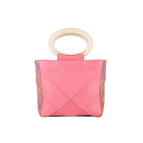 Geantă din piele naturală roz cu mânere din lemn Origami Mini, vedere frontală