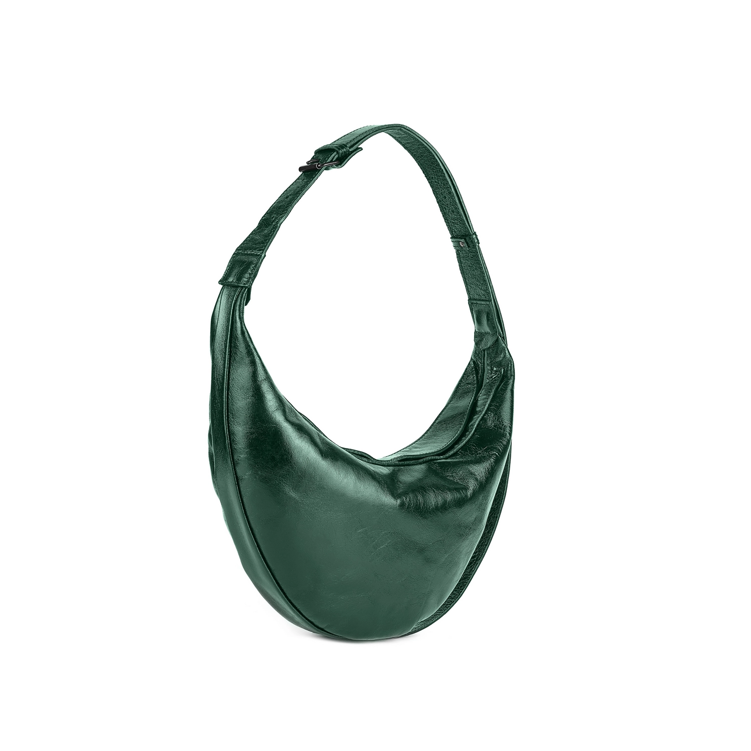 Geantă Nuna Mini din piele naturală verde smarald, profil lateral cu bretea reglabilă