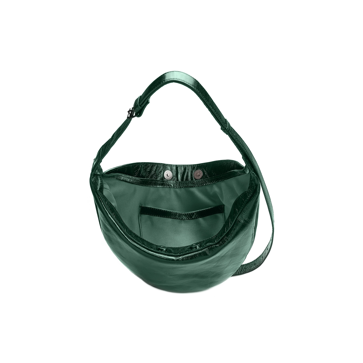 Geantă Nuna Mini din piele naturală verde smarald, interior cu compartiment principal și buzunare