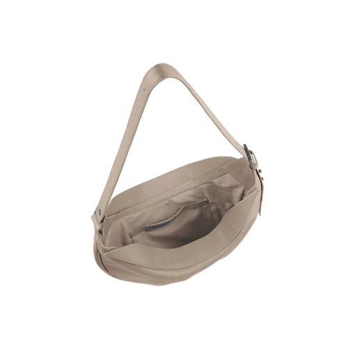 Geantă Nuna Mini din piele naturală greige, interior cu compartiment principal și buzunare