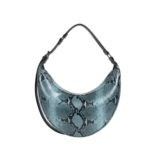 Geantă de umăr Nuna Mini din piele naturală șarpe bleu, cu bretea lată reglabilă și închidere cu magneți metalici.