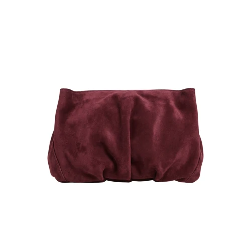 Clutch din piele întoarsă burgundy Inanna, model oversized cu mâner detașabil, fotografiat frontal.