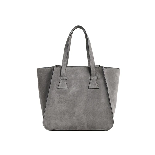 Geantă din piele întoarsă gri taupe Blake, model de mână cu două mânere, fotografiat frontal.