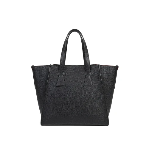 Geantă din piele naturală granulată neagră Blake, model de mână cu două mânere, fotografiat frontal.