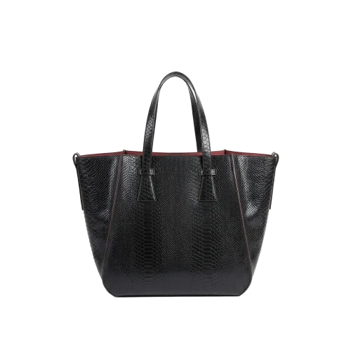 Geantă din piele naturală croco negru Blake, model de mână cu două mânere, fotografiată frontal.