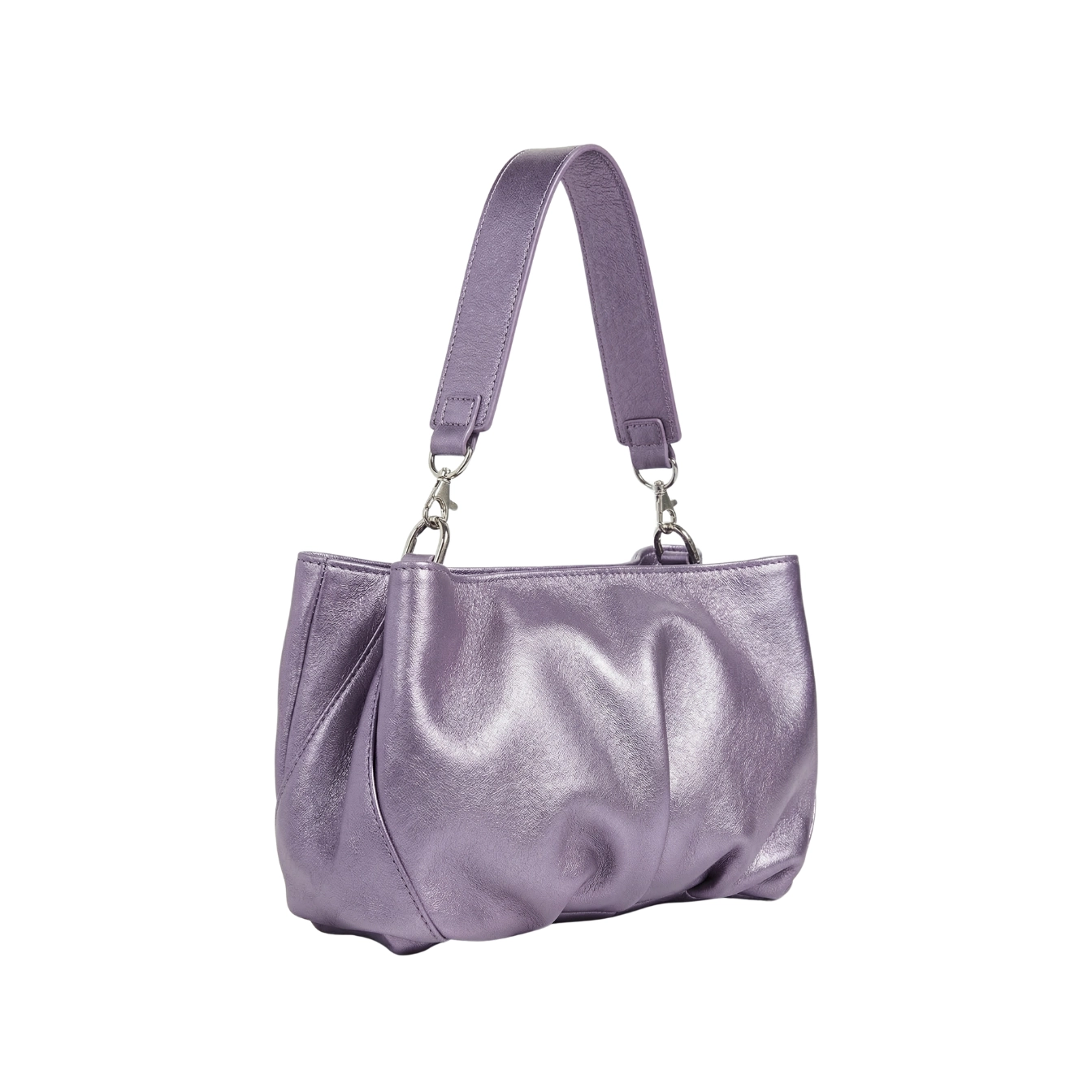 Clutch din piele naturală lila metalizat Inanna, model oversized cu mâner detașabil, fotografiat lateral.