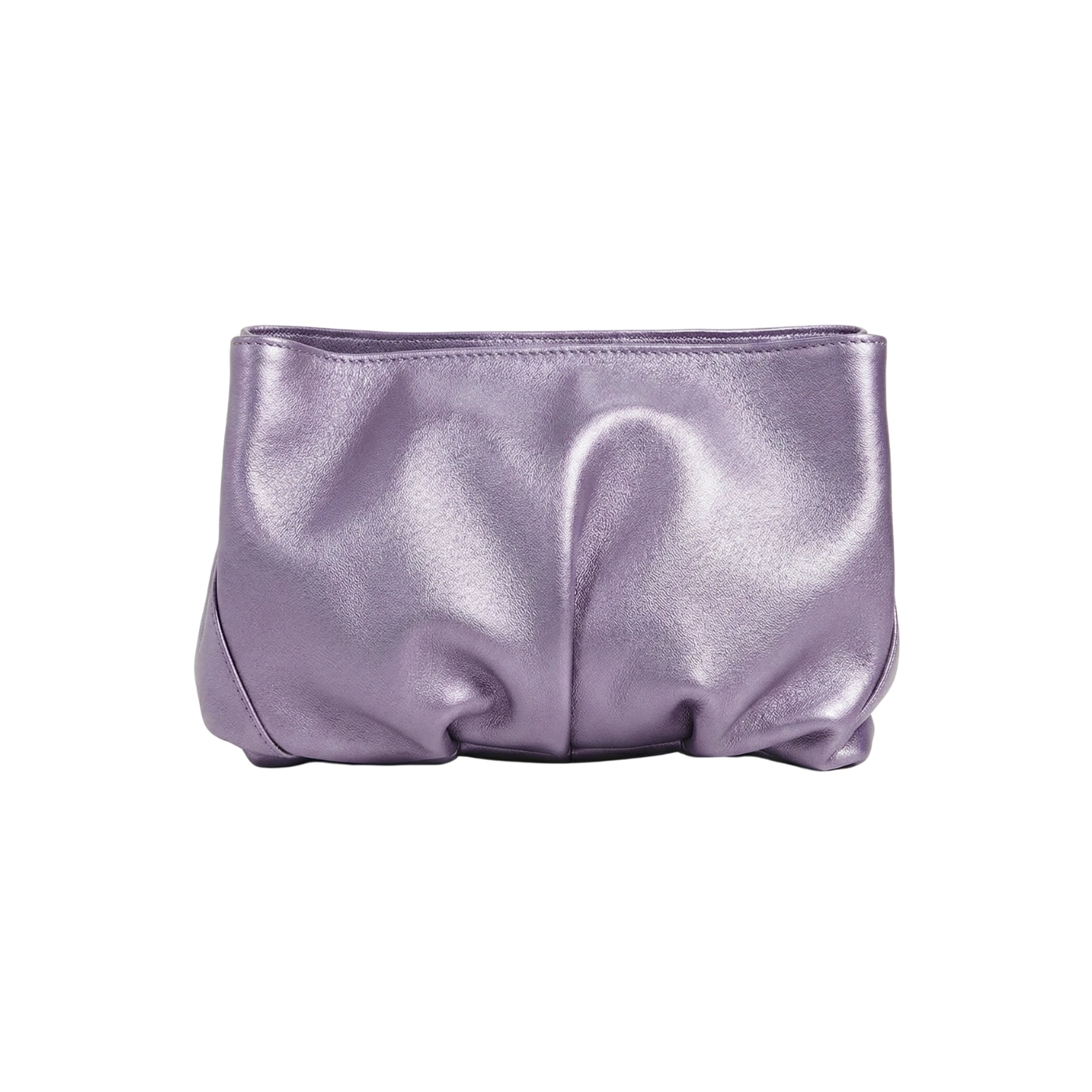 Clutch din piele naturală lila metalizat Inanna, model oversized cu mâner detașabil, fotografiat frontal.