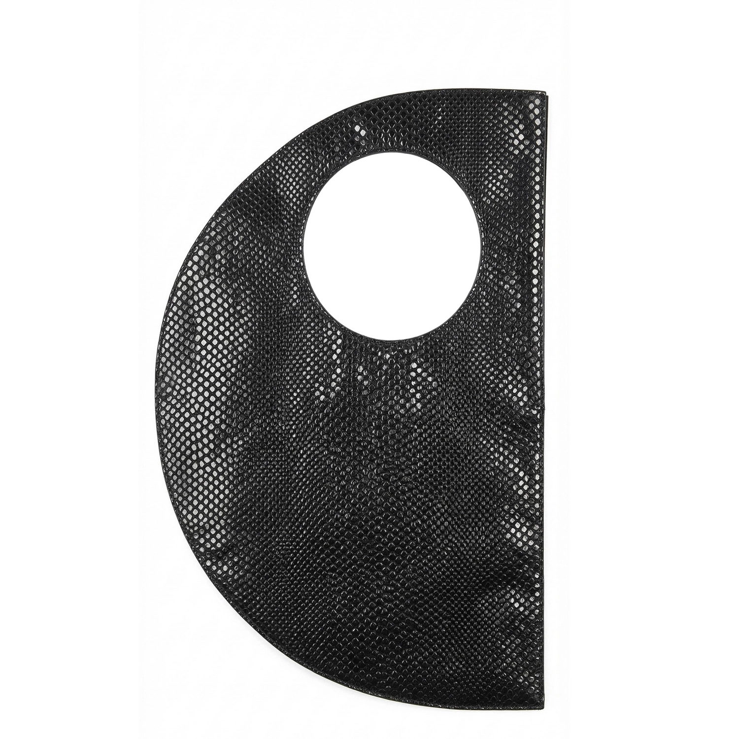 Geantă de umăr din piele naturală croco negru Moon, cu formă curbată și mâner circular decupat, vedere frontală.