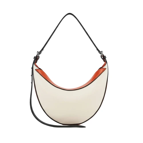 Geantă din piele naturală ivory Nuna Mini, model de umăr cu formă curbată, bretea lată reglabilă, fotografiată frontal.