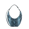 Geantă din piele naturală șarpe bleu Eclipse, model de umăr cu formă semilună și bretea reglabilă, fotografiată frontal.