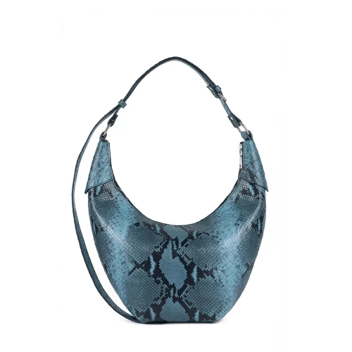 Geantă din piele naturală șarpe bleu Eclipse, model de umăr cu formă semilună și bretea reglabilă, fotografiată frontal.