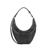 Geantă din piele naturală croco negru Eclipse, model de umăr cu formă semilună și bretea reglabilă, fotografiată frontal.