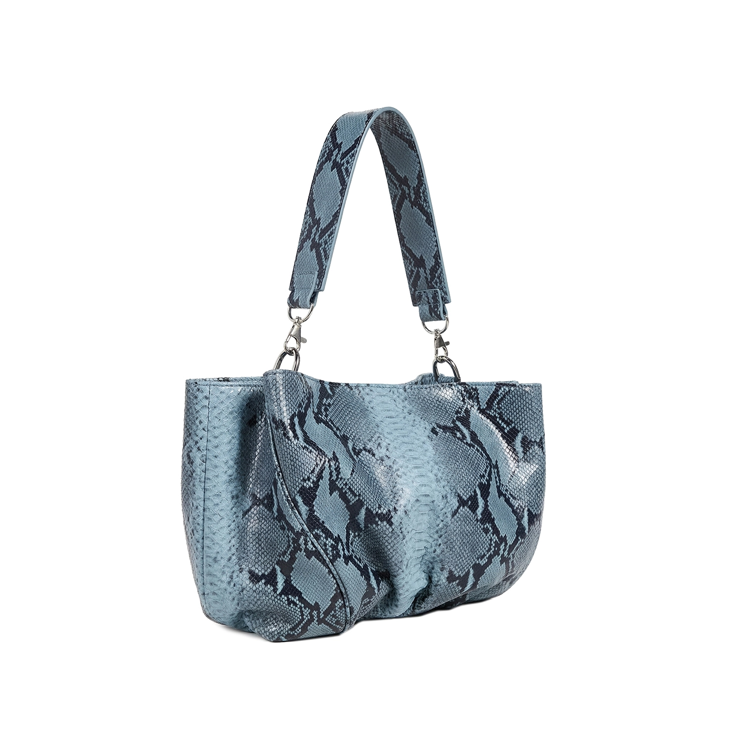 Clutch din piele naturală șarpe bleu Inanna, model oversized cu mâner detașabil, fotografiat lateral.