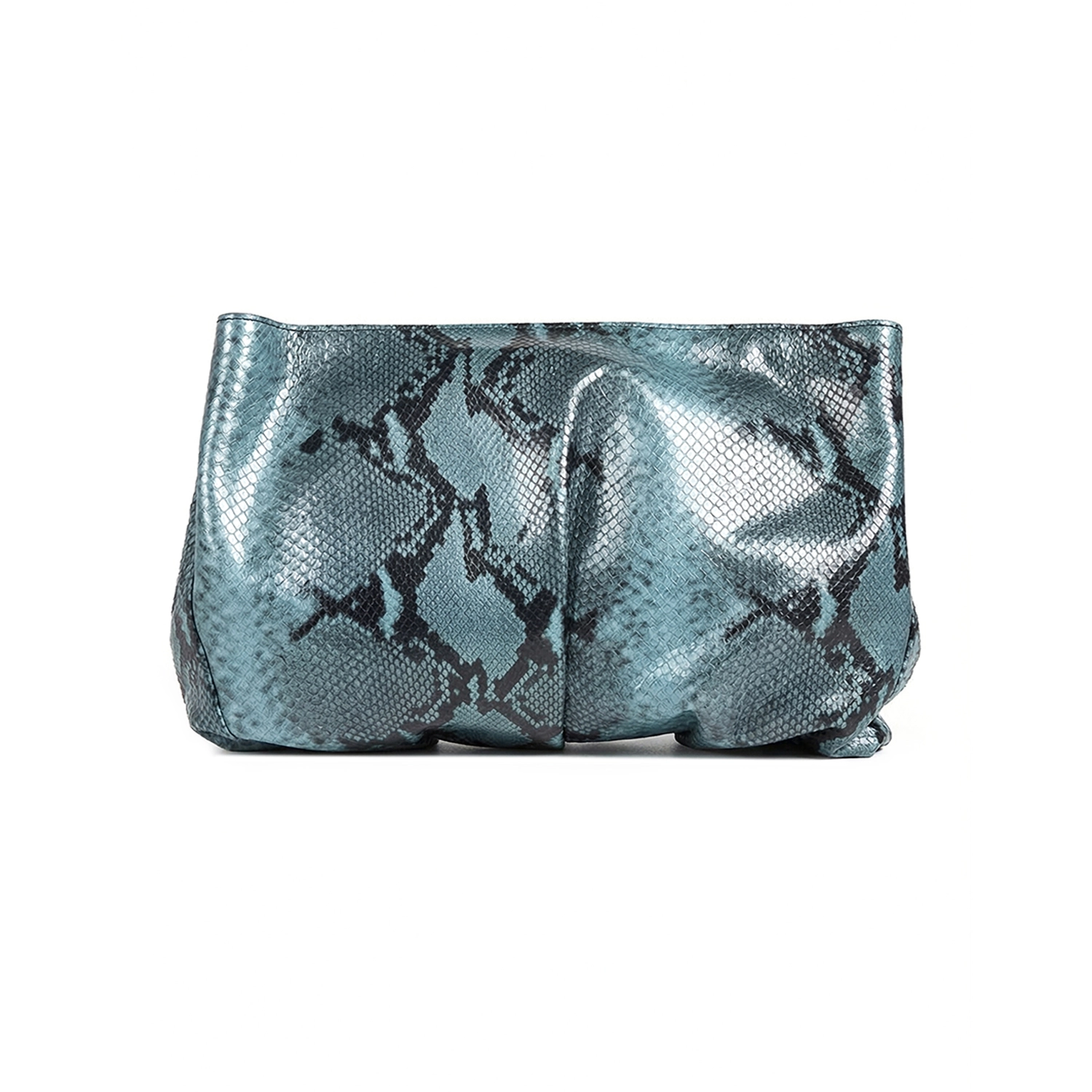 Clutch din piele naturală șarpe bleu Inanna, model oversized cu mâner detașabil, fotografiat frontal.