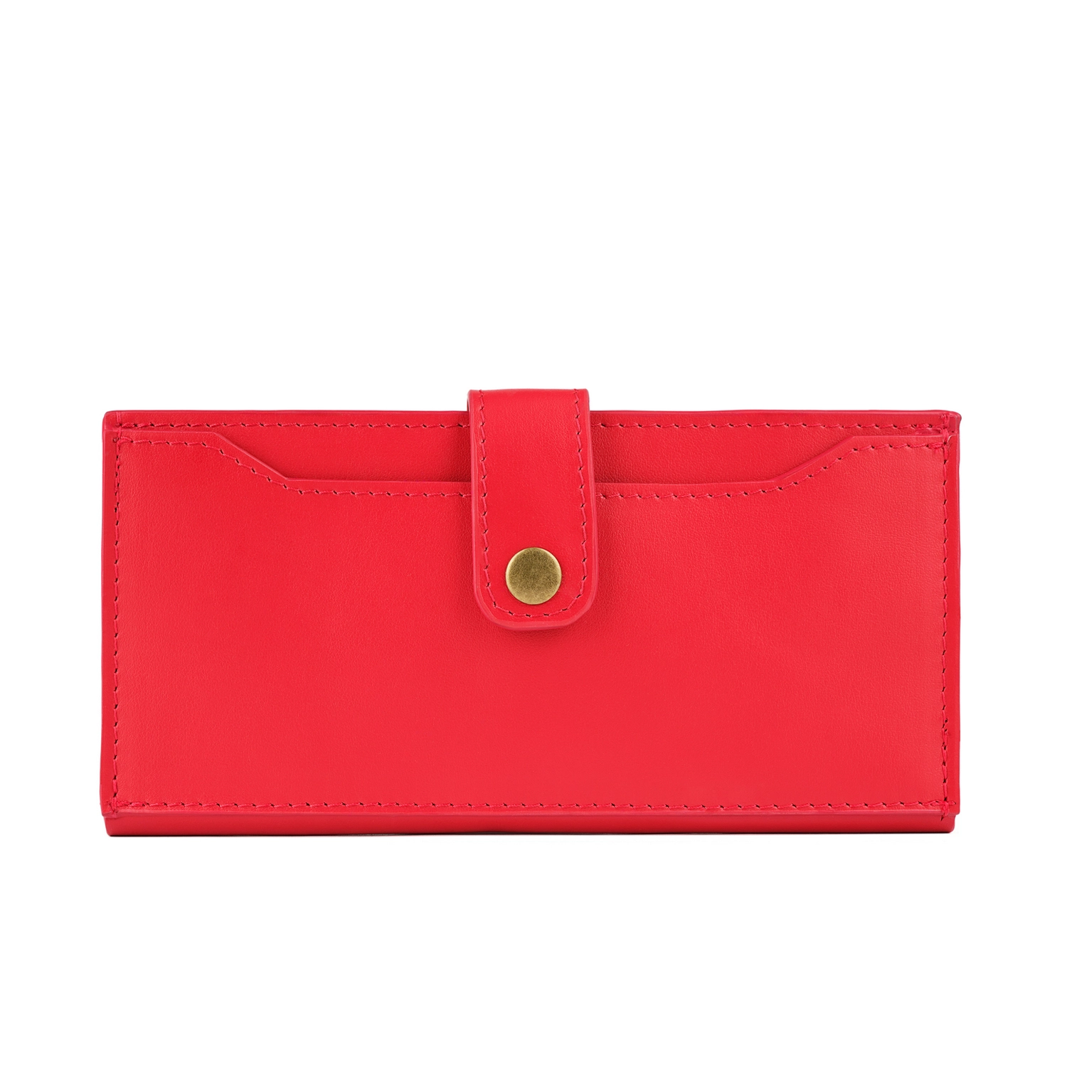 Portofel damă din piele naturală roșu coral Hobo, vedere frontală, cu închidere cu capsă metalică.