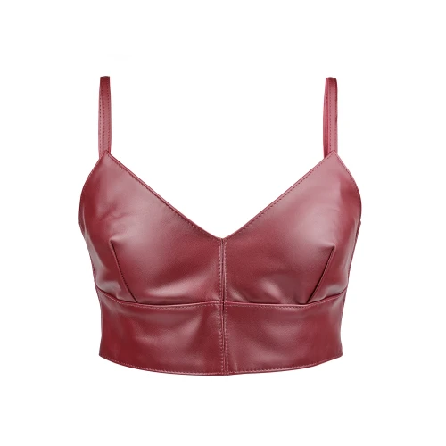 Bustieră din piele naturală burgundy Lyra, vedere frontală, cu bretele subțiri și decolteu în V.