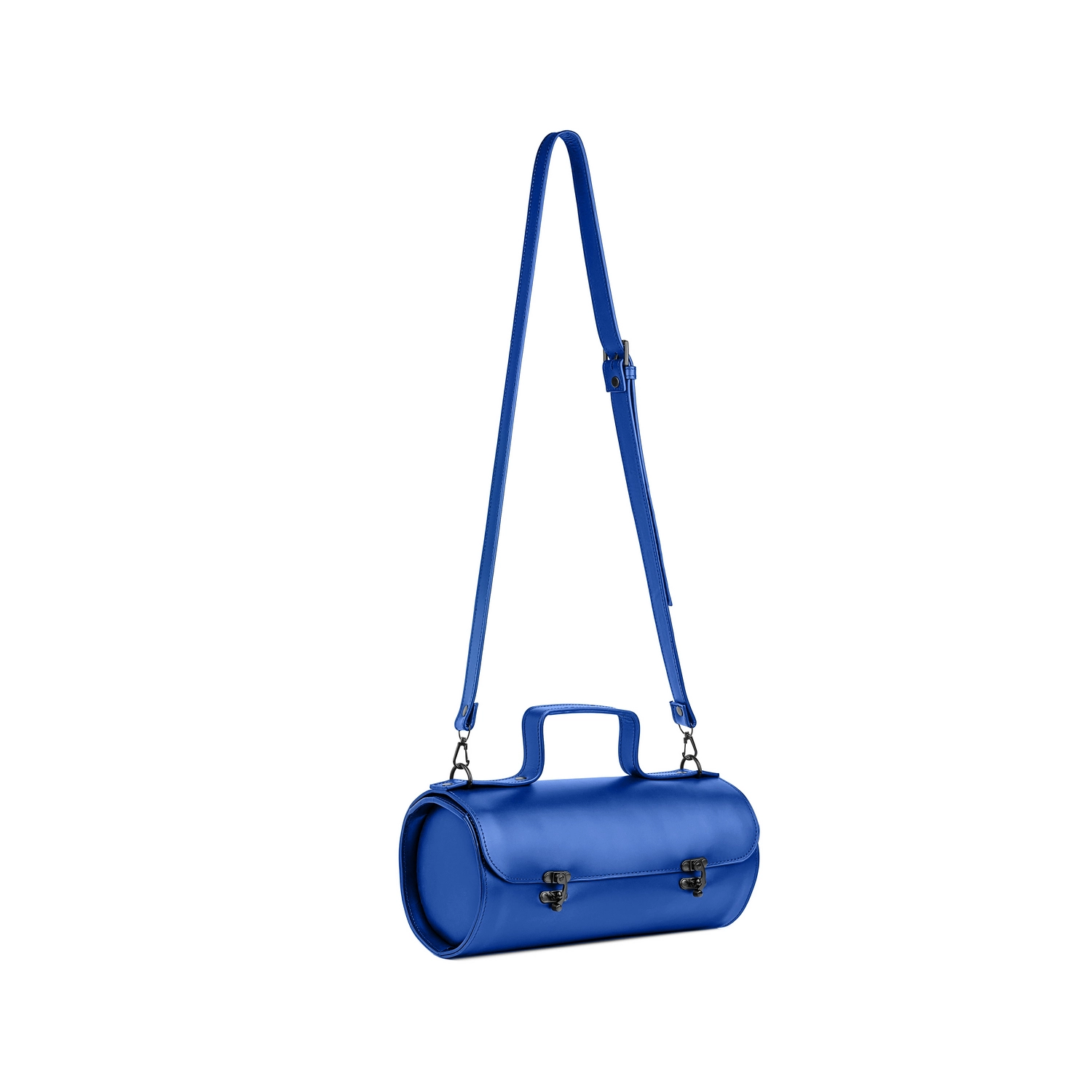 Geantă de umăr din piele naturală albastru cobalt Tube Midi, vedere laterală și cu curea reglabilă
