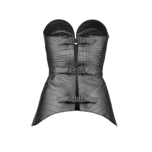 Corset dama din piele naturala croco negru Merlin, vedere din spate cu catarame reglabile.