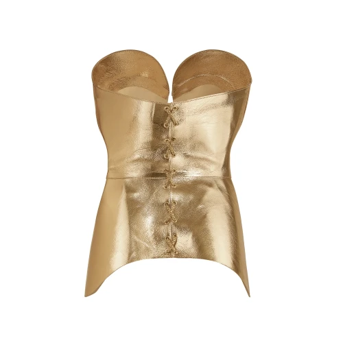 Corset damă din piele naturală auriu metalizat Merlin, vedere din spate cu șnur reglabil