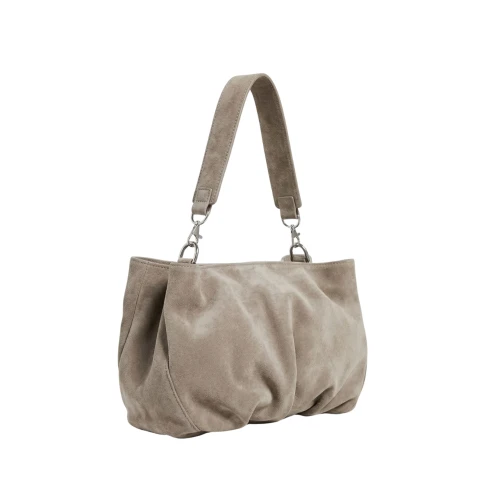 Clutch din piele întoarsă bej taupe Inanna, model oversized cu bretea lată detașabilă, fotografiat lateral.