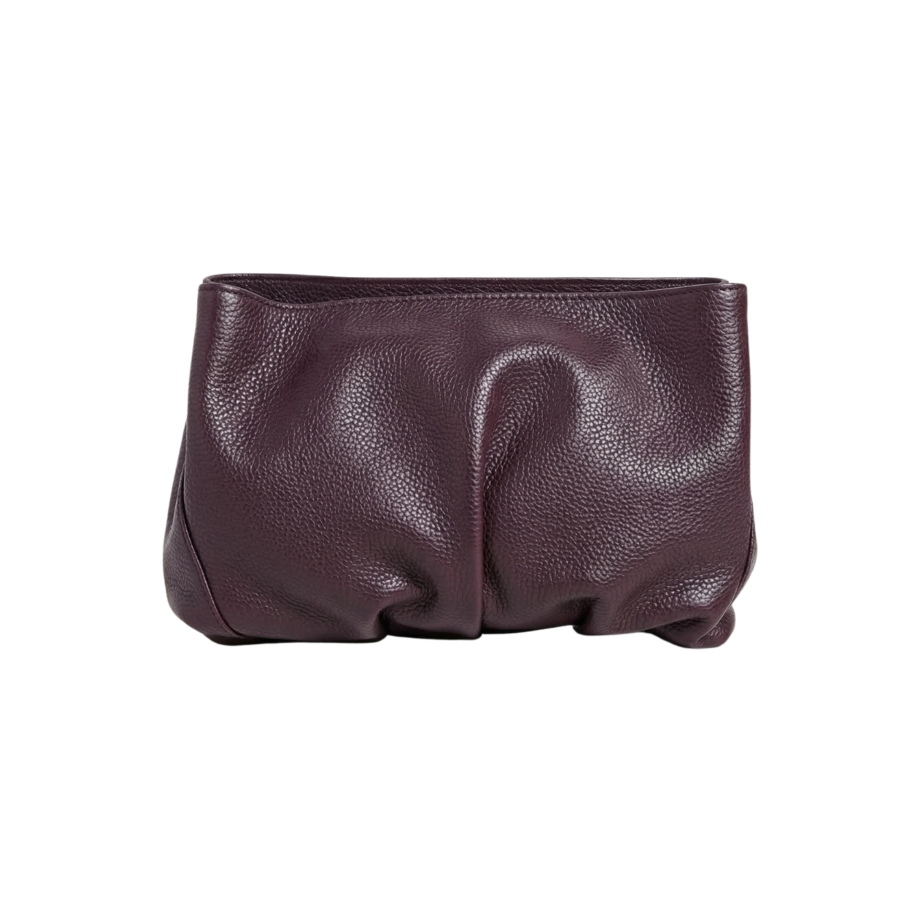 Clutch din piele naturală burgundy prună Inanna, model oversized cu mâner detașabil, fotografiat frontal.