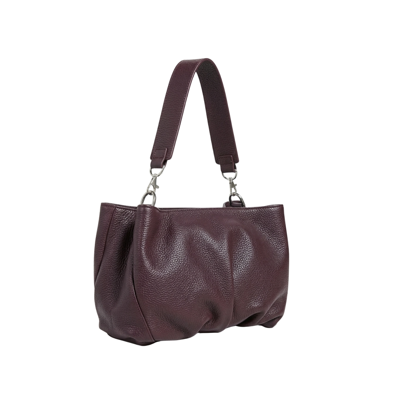 Clutch din piele naturală burgundy prună Inanna, model oversized cu mâner detașabil, fotografiat lateral.