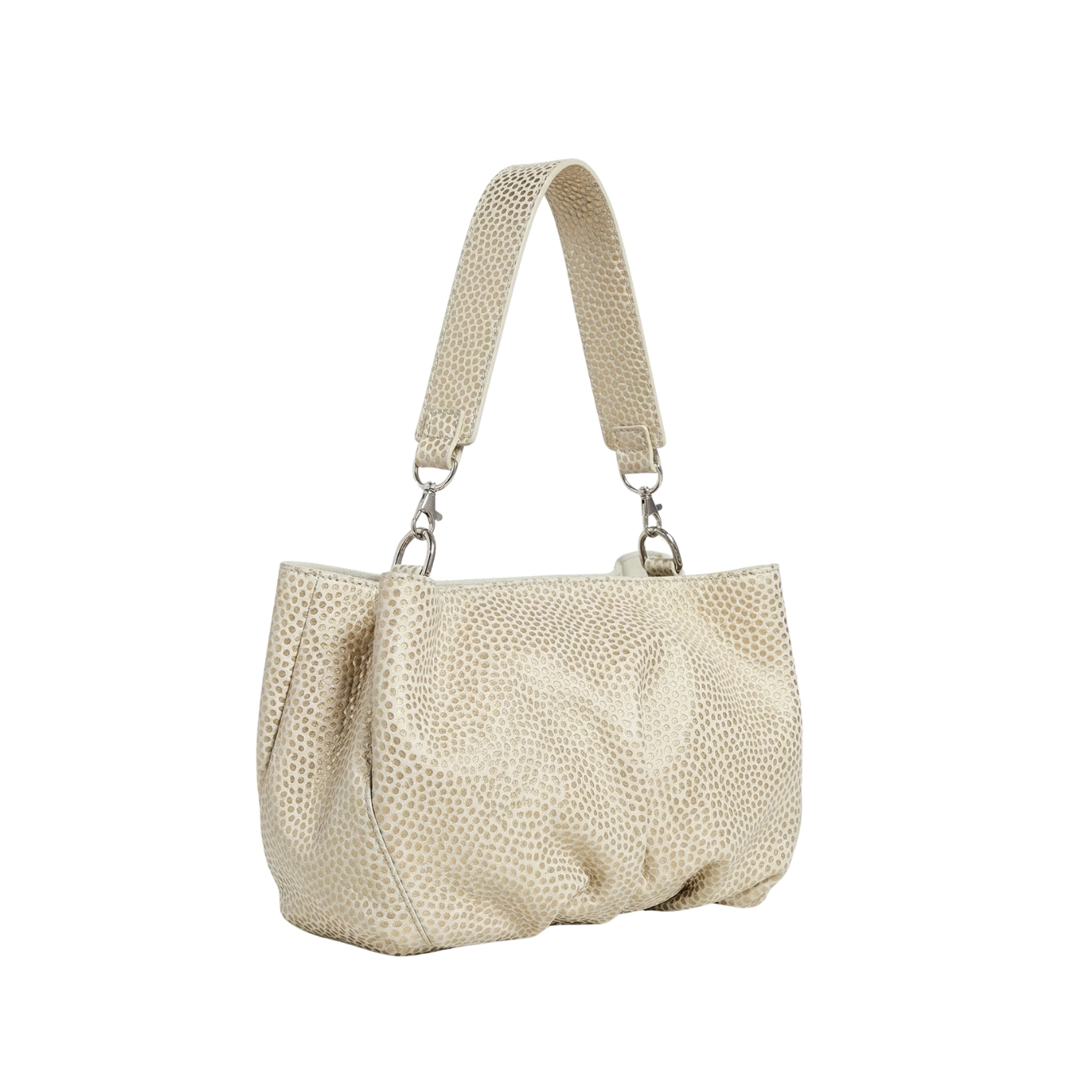 Clutch din piele naturală ivory auriu Inanna, model oversized cu mâner detașabil, fotografiat lateral.